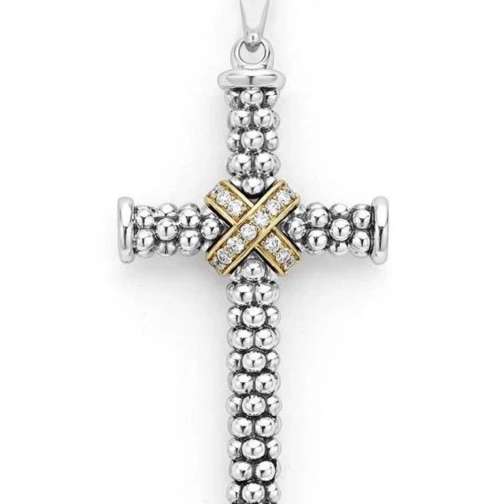 Lagos Anthem Large Two-Tone 18k 925 0.28CT Diamond Cross Amulet Pendant $2250